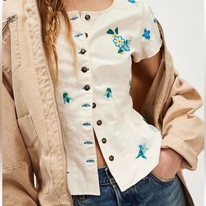 Free People Kelly Embroidered Short Sleeve Button Detail Ivory Blouse Top XS